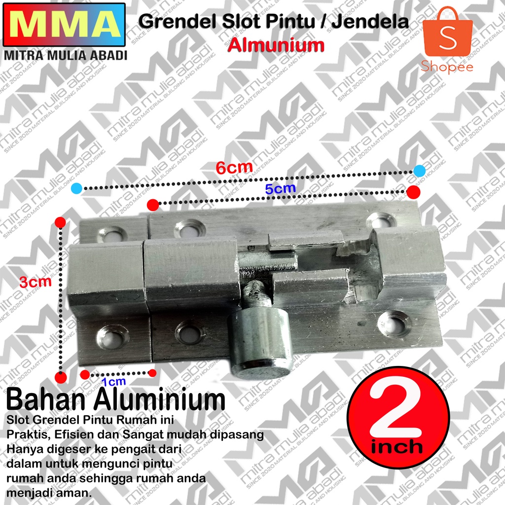 Grendel Alumunium Slot Pintu Jendela 2 Inch / 6 cm I Selot Alumunium Tebal Skrup Baut