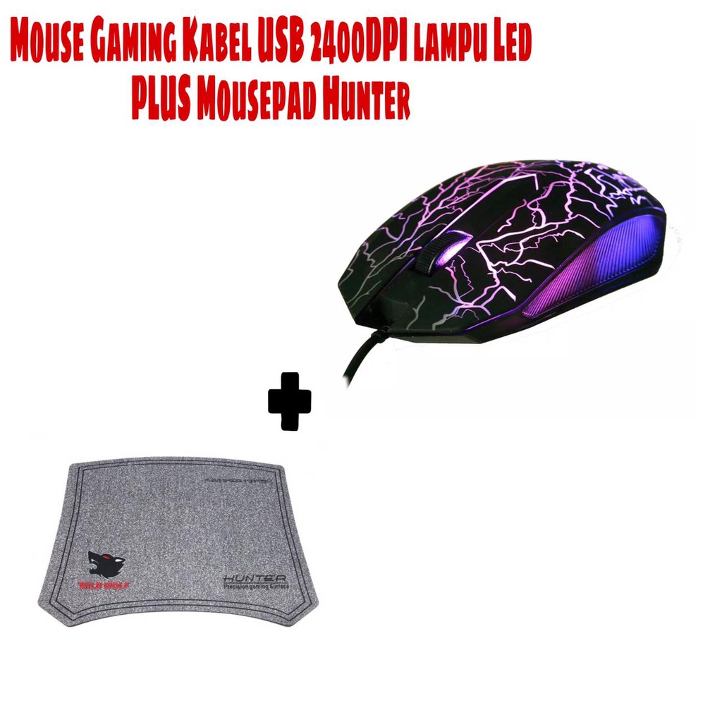 Trend-PAKET Mouse Gaming Kabel USB 2400DPI Dengan Lampu LED Warna Warni + Mousepad HUNTER