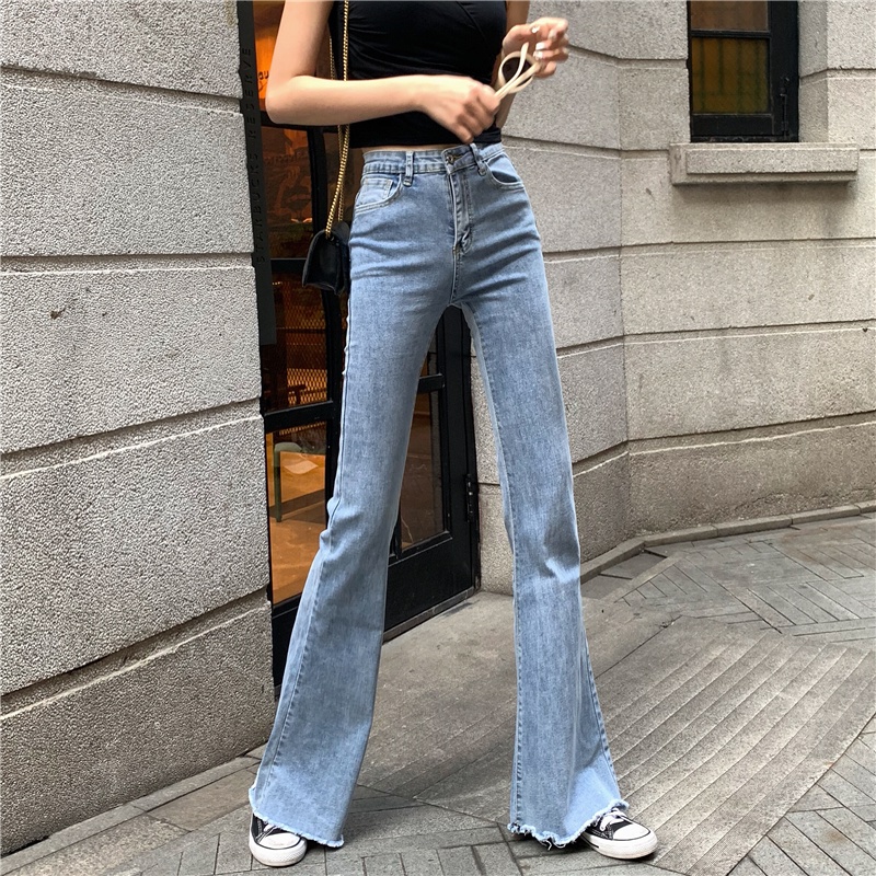 high-waist hamparan luas leg denim kasual berkobar celana wanita Korea