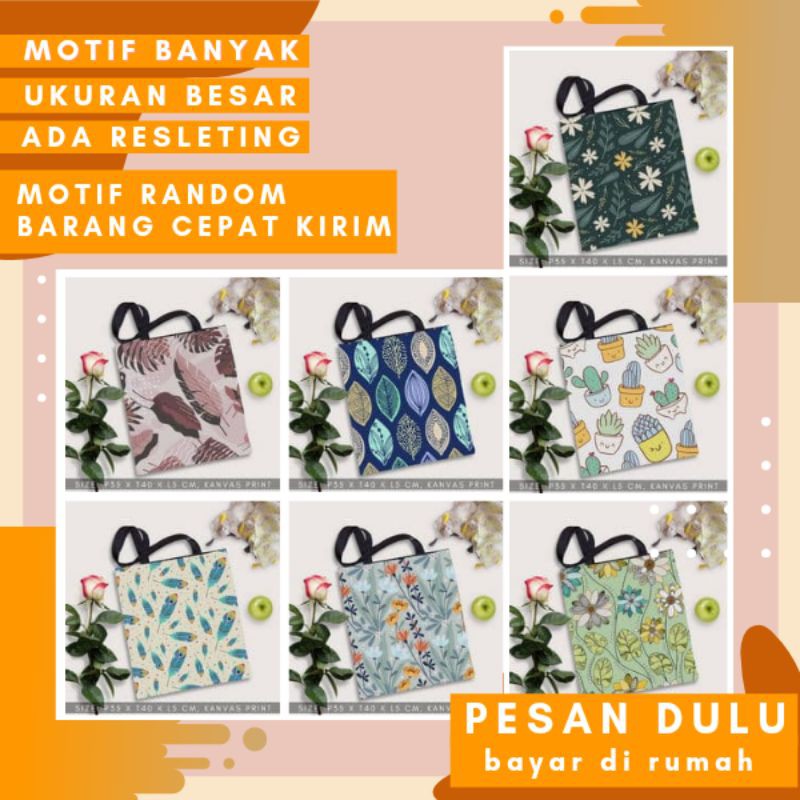 MOTIF RANDOM TAS TOTE TOTEBAG KANVAS CANVAS MOTIF TAS ANAK KULIAH CEWE KPOP RESLETING JINJING BESAR