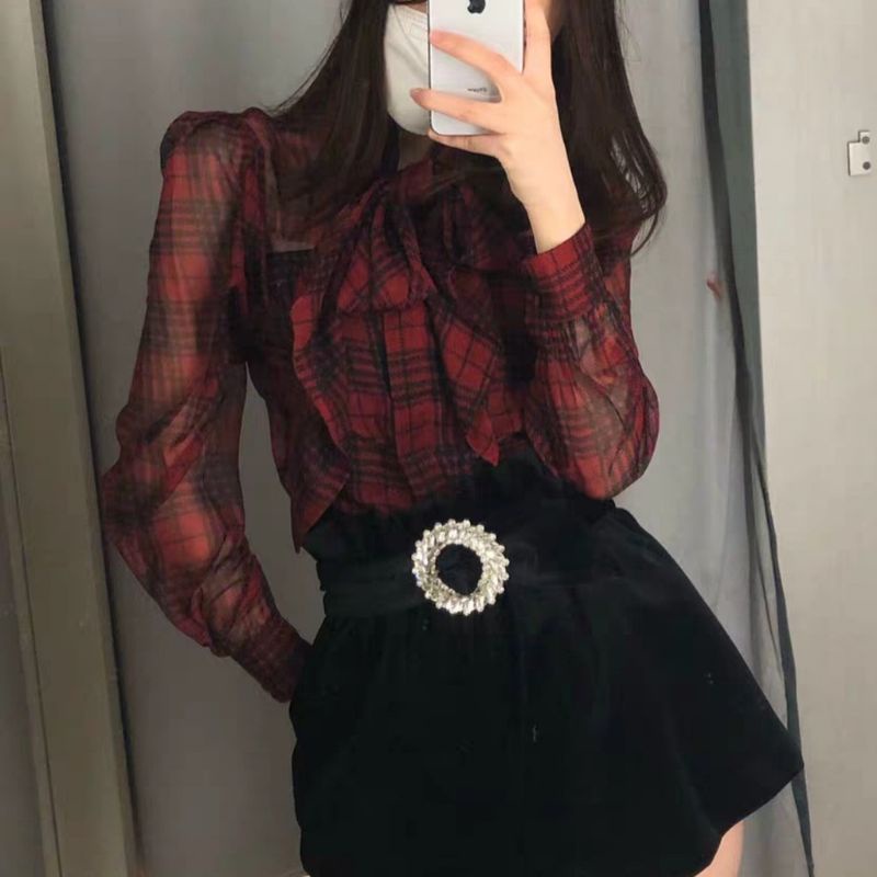 MDLV ~ 6303# Red Tartan Tie Neck Shirt Kemeja korea kemeja kotak kemeja merah kemeja Chiffon Kemeja Premium Fashion Import