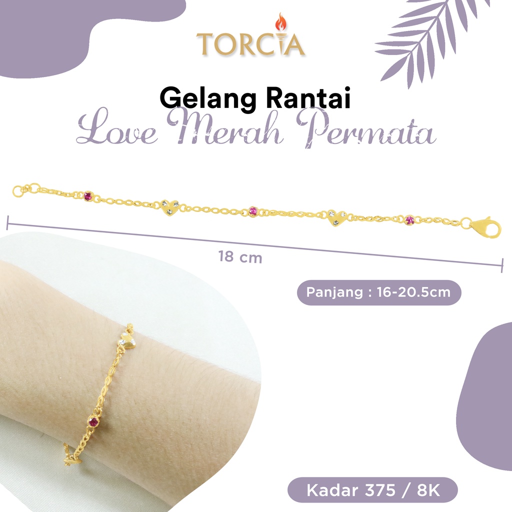 Gelang Rantai Emas Asli Love Merah Permata Kadar 375 Torcia