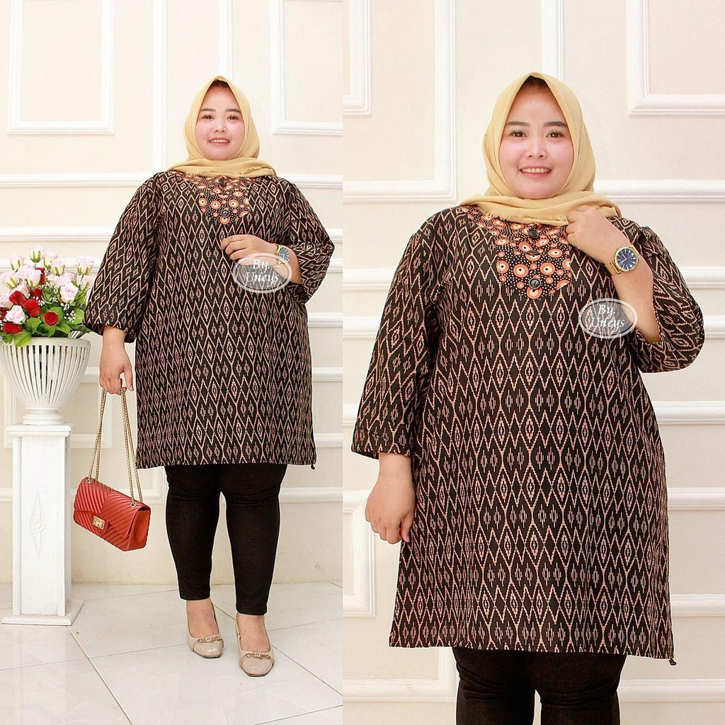 Tunik Batik Wanita Ukuran Jumbo LD 140cm Resleting Belakang Bahan Katun Adem Di Pakai Serap Keringat