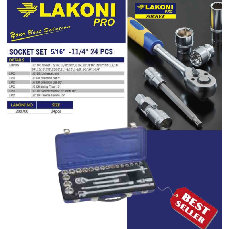 Socket Set 24 Pcs 1/2&quot; DR (5/16&quot;-1.1/4&quot;) Lakoni Pro 200700