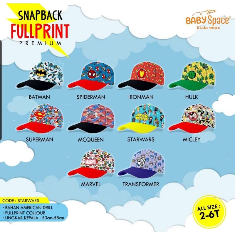 KSHFASHION I Topi Anak snapback I Topi Anak laki Laki 2-6 Tahun I Topi Fullprint Superhero