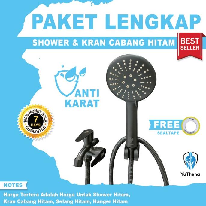 Shower Kamar Mandi Hitam dan Kran Cabang Black Bundling YuThena