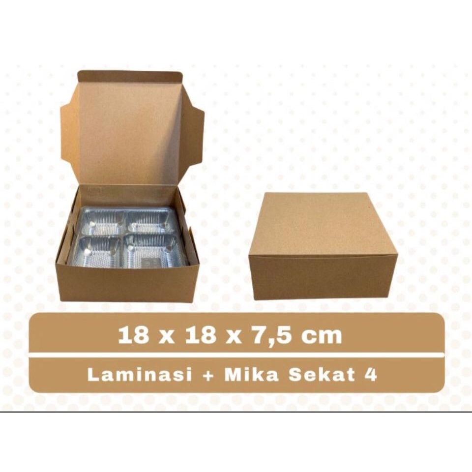 

Kotak nasi Kraft 18x18x7,5 cm 50SET laminasi + Mika Sekat 4 katering box dus kraft 325 gsm