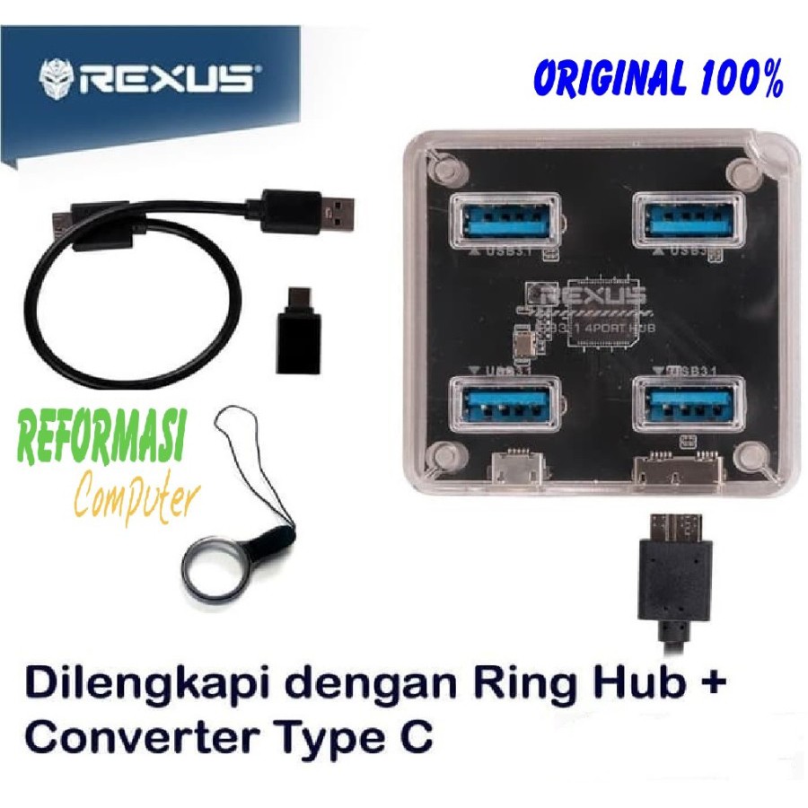 Usb Hub 4 port Rexus Type C V3.1 RXH 331 Transparant