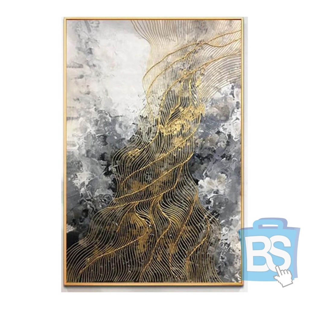 LUKISAN ABSTRAK MARMER HITAM PUTIH GARIS EMAS BISA CUSTOM KAIN KANVAS TERBAIK MARSOTO CAT AKRILIK OR