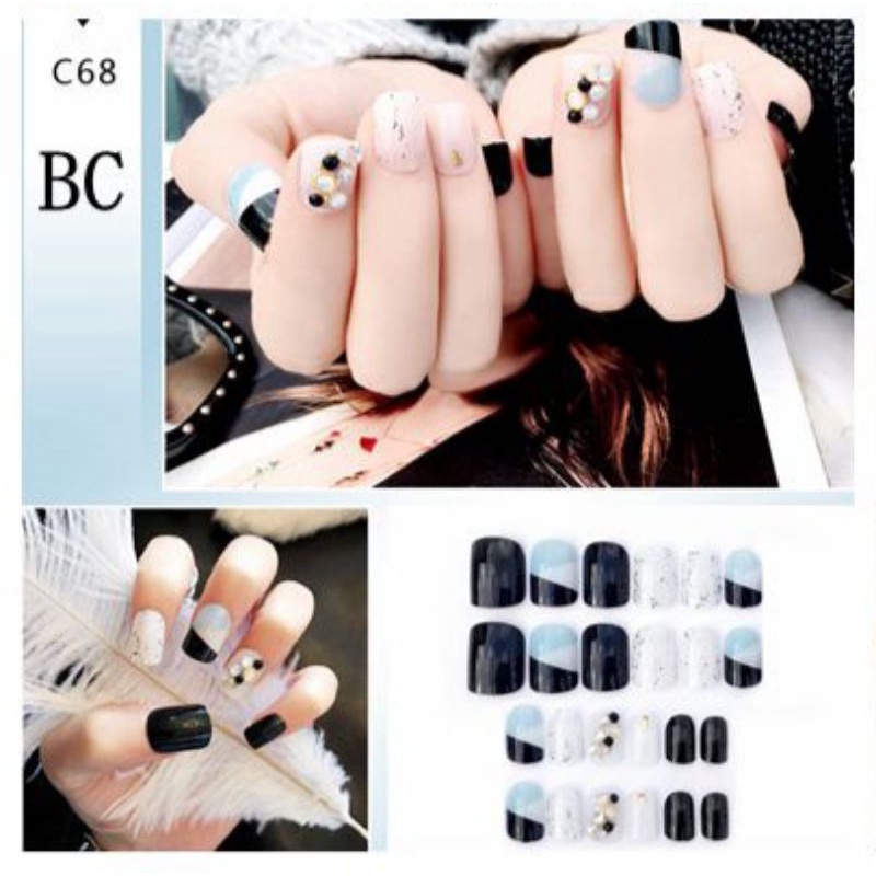 kuku hitam biru permata pendek palsu