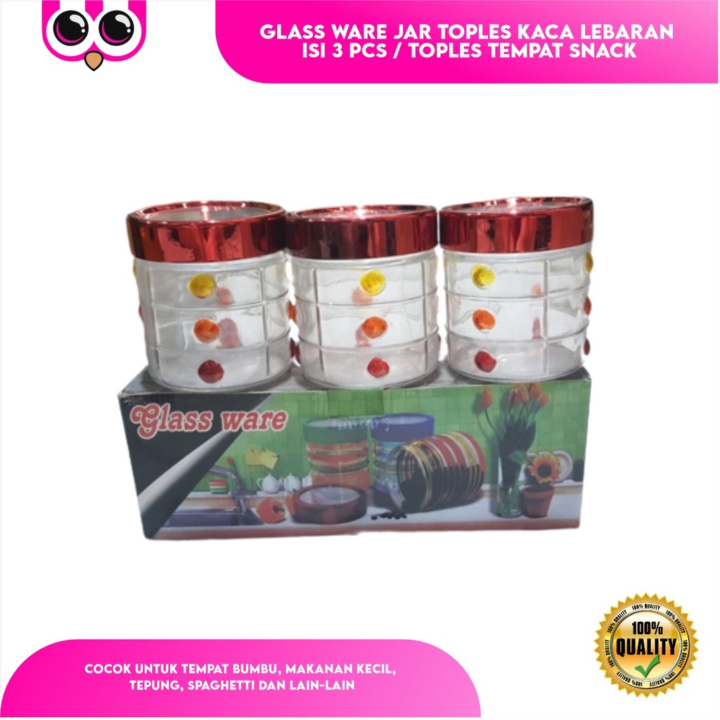 GLASS WARE JAR TOPLES KACA LEBARAN ISI 3 PCS / TOPLES TEMPAT SNACK / FOOD STORAGE