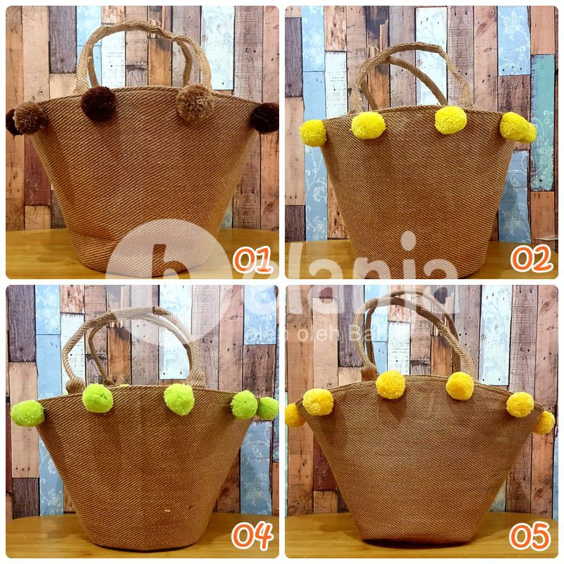 Tas Vintage Goni Besar Pompom / tas anyaman tas piknik prawedding