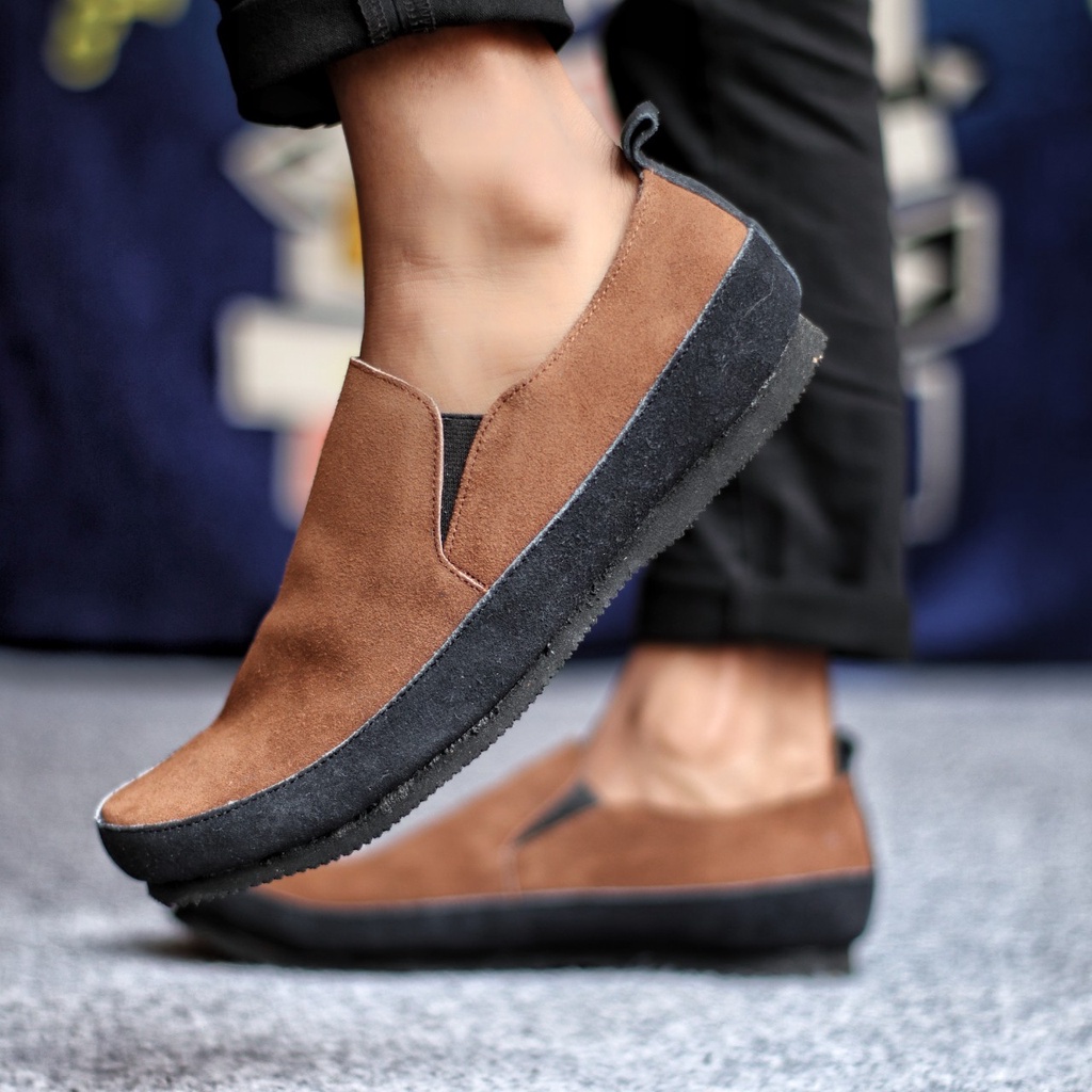 MARO Sepatu Casual Slop Pria HItam Kulit Asli Suede Slip On Cowok Trendy Murah