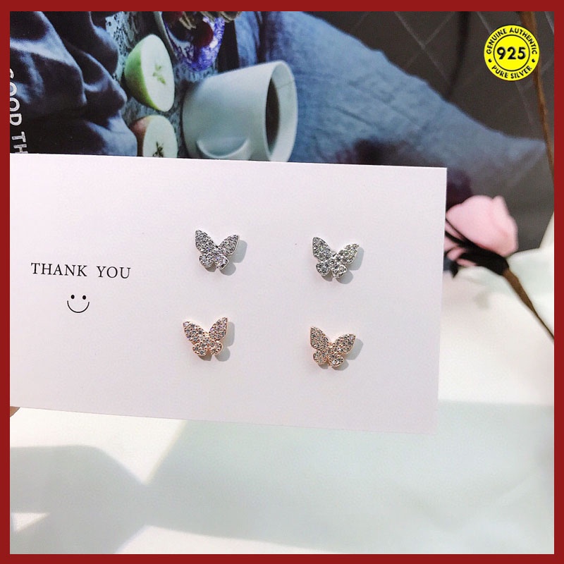 Anting Tusuk Sterling Silver 925 Desain Kupu-Kupu Hias Berlian Imitasi Untuk Wanita