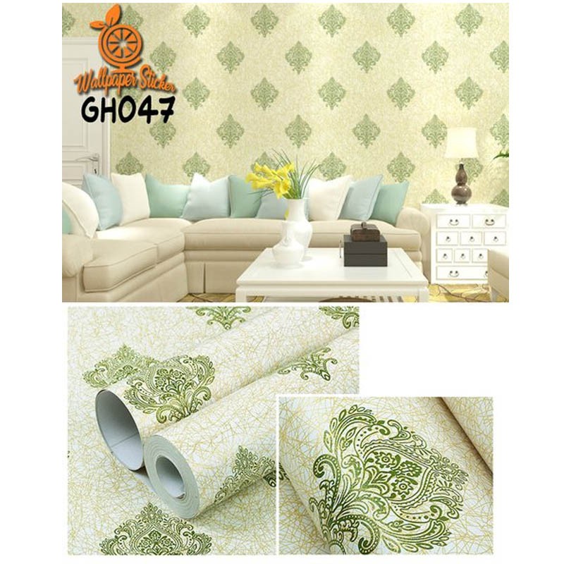 (COD) Gudang Wallpaper Stiker Dinding  Walpaper dinding Kamar Tidur  Wallpaper Promo Benang Hijau Bahan PVC Premium (SUDAH ADA LEM)