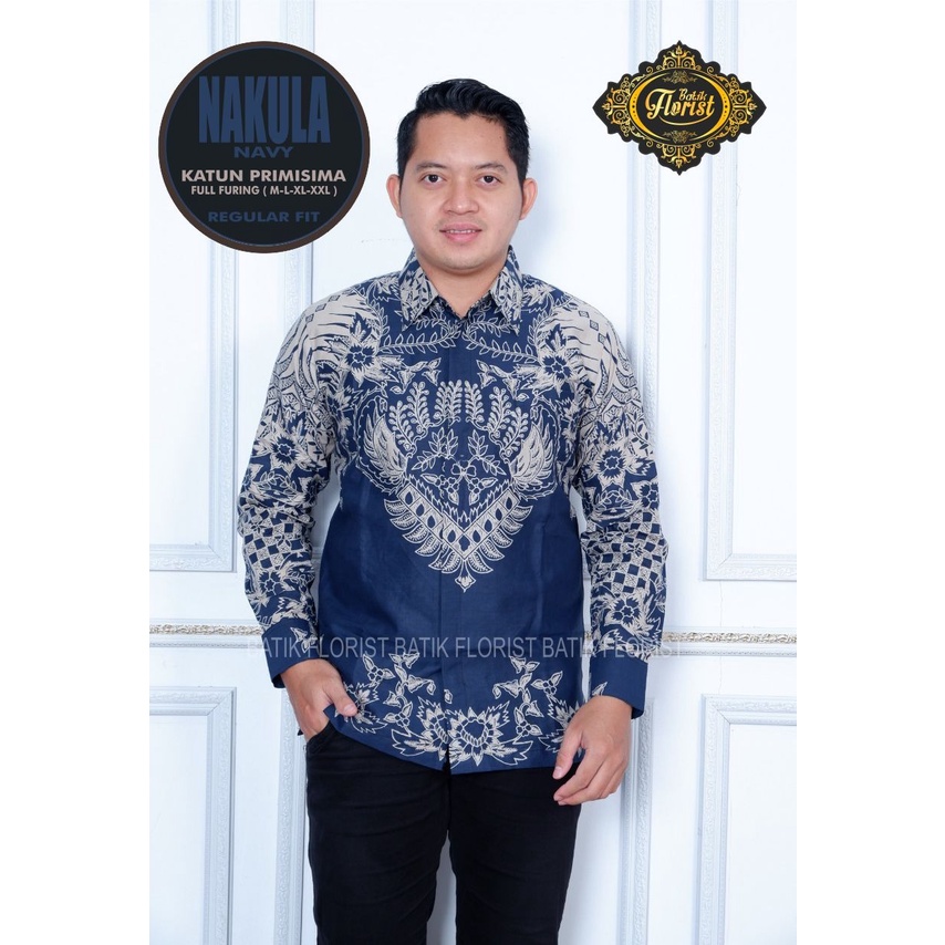 NAKULA NAVY baju batik pria lengan panjang modern  ORIGINAL BAJU PREMIUM KEKINIAN BATIK SOLO MURAH SOGAN