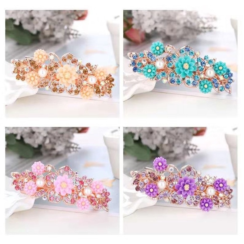 Jepit Rambut Korea Otomatis 9.5cm Jedai Jepitan Besi Alloy Jepit Ponytail PREMIUM Kristal Mutiara Bunga Wanita Dewasa