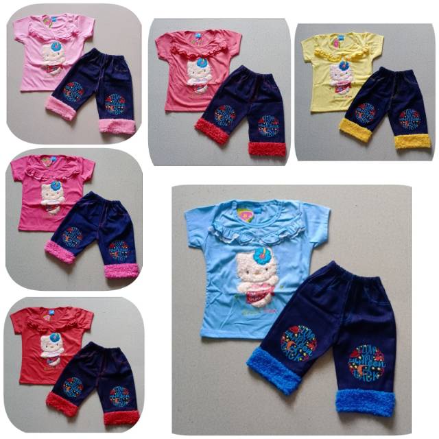 Setelan baju celana  levis  bulu motif bordir anak  