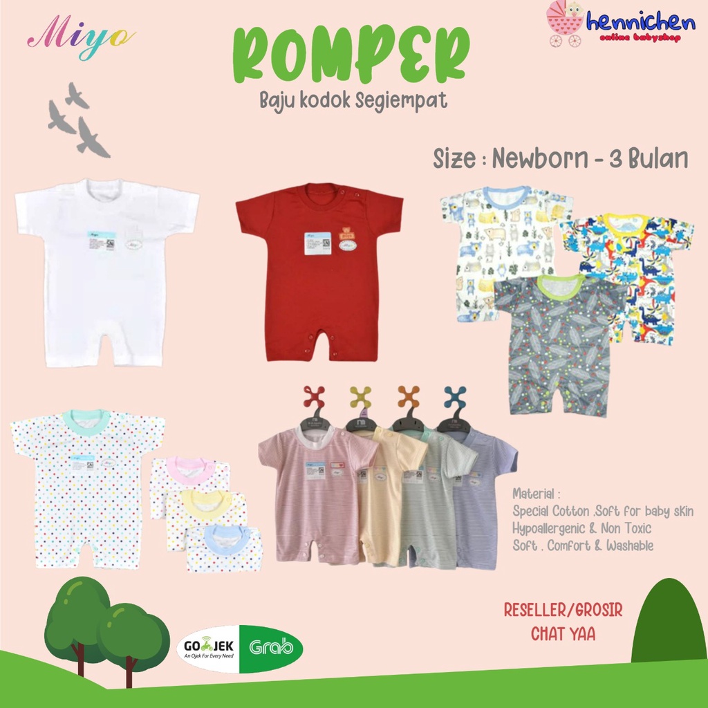 MIYO Baju Kodok Segiempat  Romper Bayi  Motir Lengkap Newborn (0-3M)