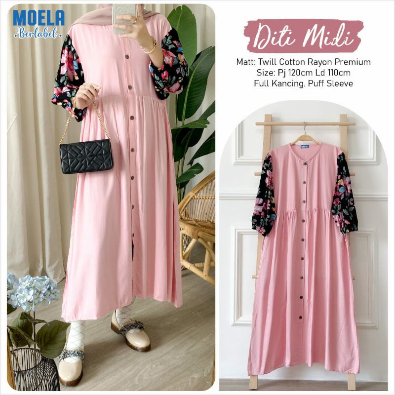 DITI MIDI BAHAN TWILL CATTON RAYON PREMIUM LD 110CM PJ 120CM BY MOELA/MIDI/DRESS/FASHIONWANITA/HAUL