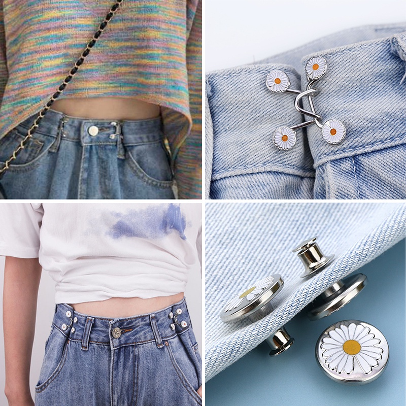 Kancing Jeans Logam Simple Adjustable Kancing Pengait Celana Panjang Jeans Denim Desain Bunga Daisy Warna Putih Kait Pengecil Lingkar Pinggang Celana Jeans Model Bisa Dilepas