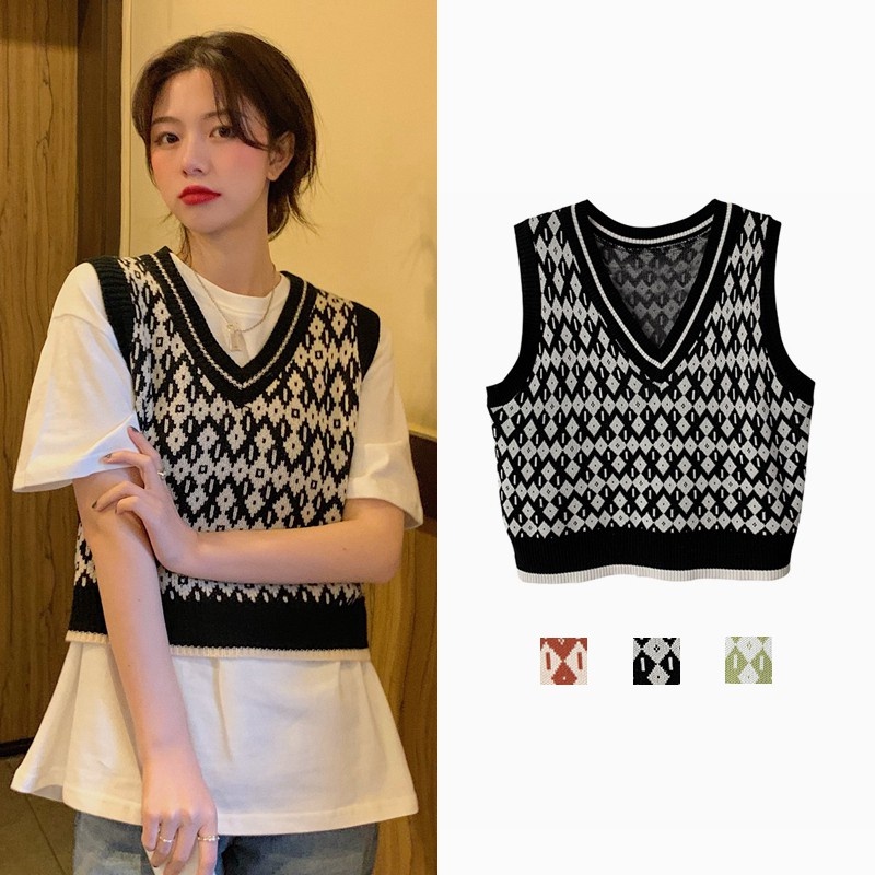 Rompi Rajut Korea Style Baru Wanita V-neck Knit Vest Atasan Tanpa Lengan