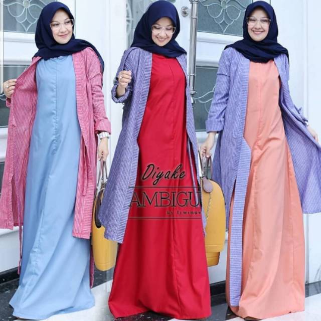GAMIS MUSLIM WANITA TERMURAH DIYAKE SET (DRESS+CARDIGAN) BAHAN KATUN UKURAN ALL SIZE