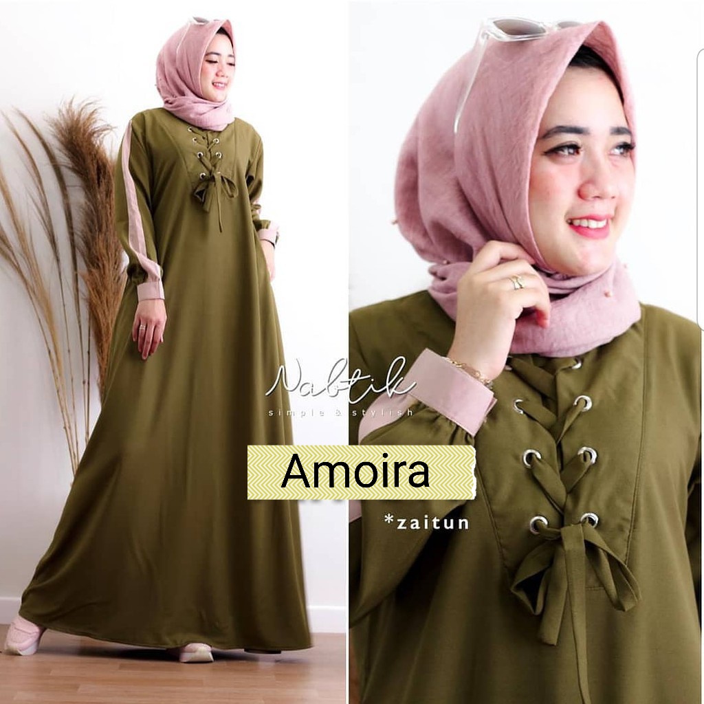 Amoira Maxi- Bisa COD Dress Gamis Baju Maxi Maxy Dress Muslim Wanita Tangan Lengan Panjang Tali Depa