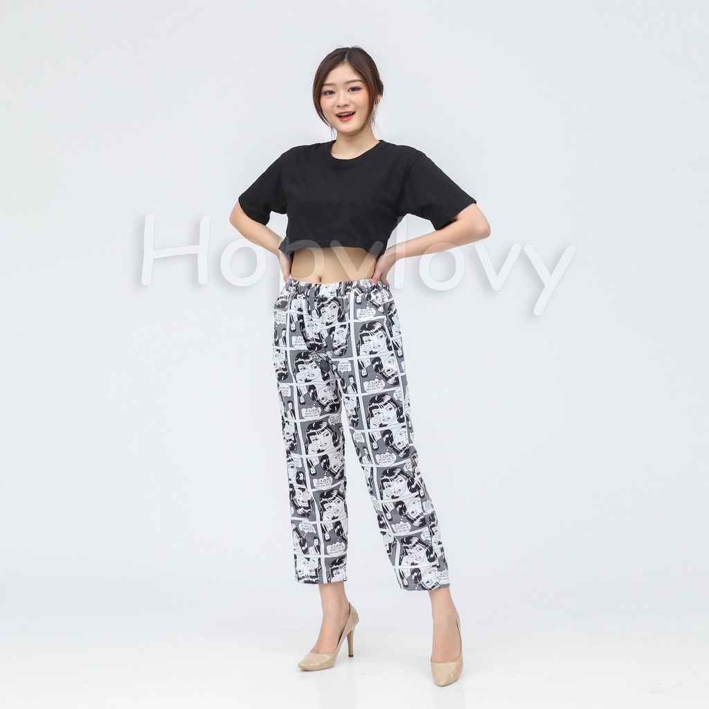 HOPYLOVY - Celana Panjang Motif Print Komik bahan Babyterry