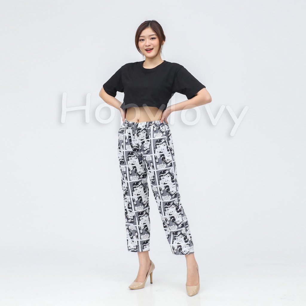 HOPYLOVY - Celana Panjang Wanita Motif Print Komik bahan Babyterry