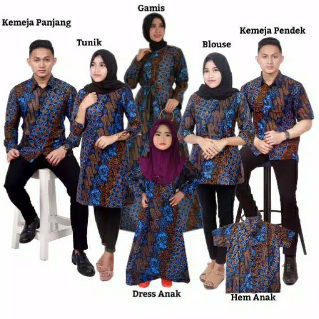 Saroja (078) Couple Keluarga Batik Gamis Batik Katun Premium Motif Seno Biru