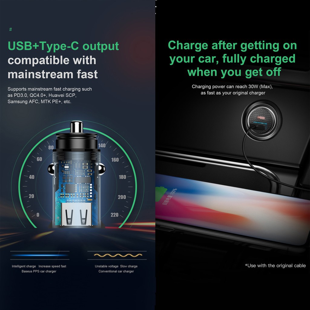 Car Charger BASEUS 30W TYPE-C+USB Fast Charging PD QC 3.0