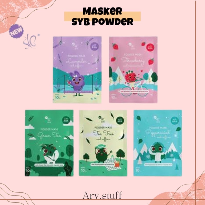 SYB Powder Mask / Masker organik yang dapat mengatasi semua permasalahan kulit wajah bisa untuk mencerahkan, menghilangkan bekas jerawat, mengecilkan pori pori, menglowingkan, menghaluskan dan harganya murah meriah bestsaller