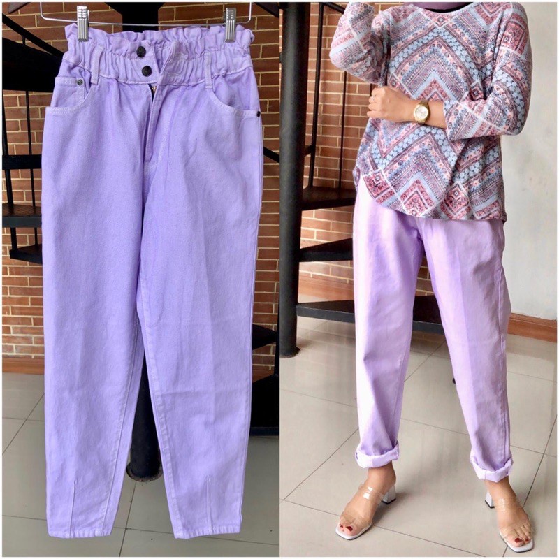 Celana High Waist Jeans Slouchy Pastel Pants I Celana Boyfriend Jeans Kerut Kancing 2 Denim