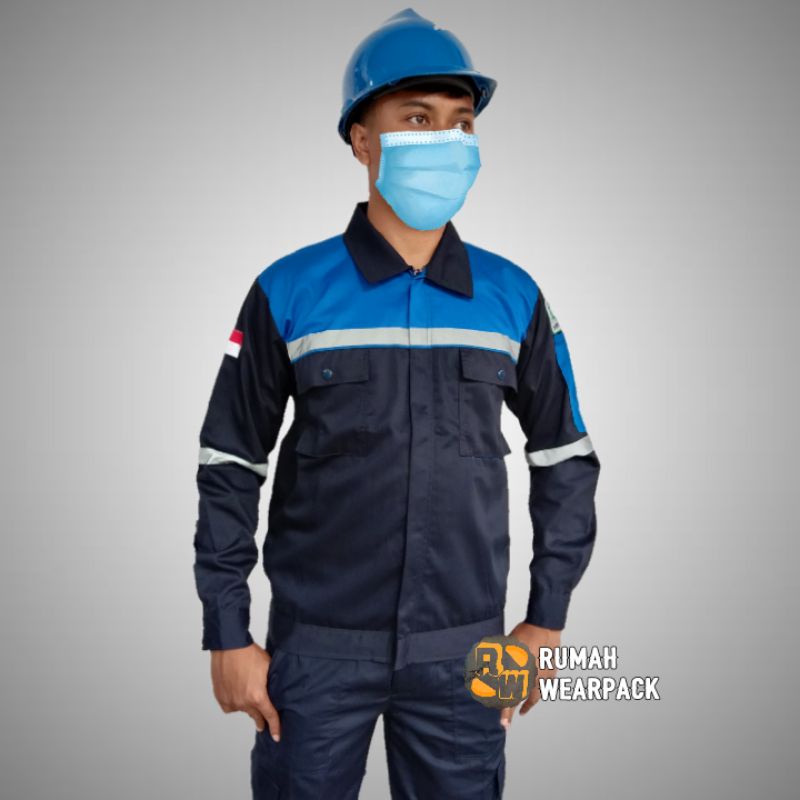 Baju Kerja/ Wearpack Proyek/ Seragam Kerja Atasan Navy Kombinasi Biru BCA