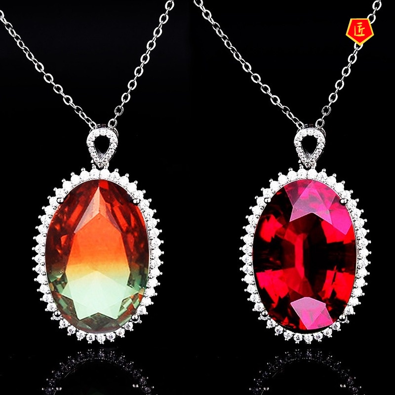 [Ready Stock]Colored Gems Watermelon Tourmaline Pendant Luxury Ruby Necklace for Women