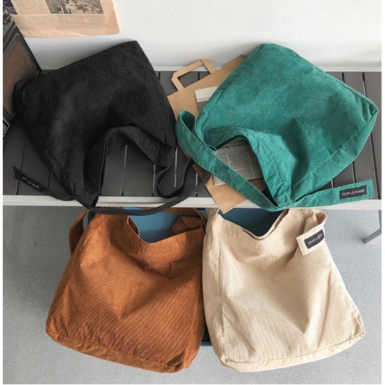 Baru Tas Kanvas Retro Korduroi Tas Selempang Tas Bahu Wanita Kapasitas Besar Tas Tote Mahasiswa Coco