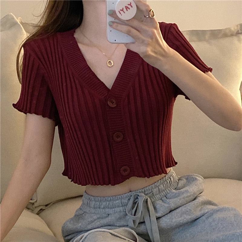 Korean Knit V-Neck Button Crop Top Atasan Wanita Rajut Kancing  2604