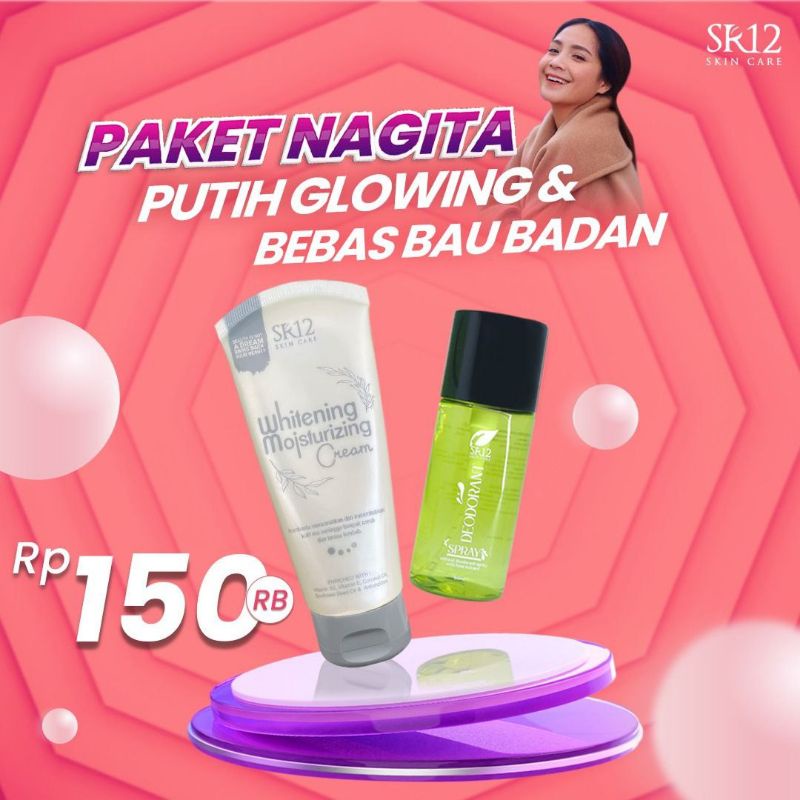 Paket Nagita Slavina SR12 Putih Glowing &amp; Bebas Bau Badan Whitening Moisturizing Cream 100 ml Deodorant Spray Premium 60 ml BPOM