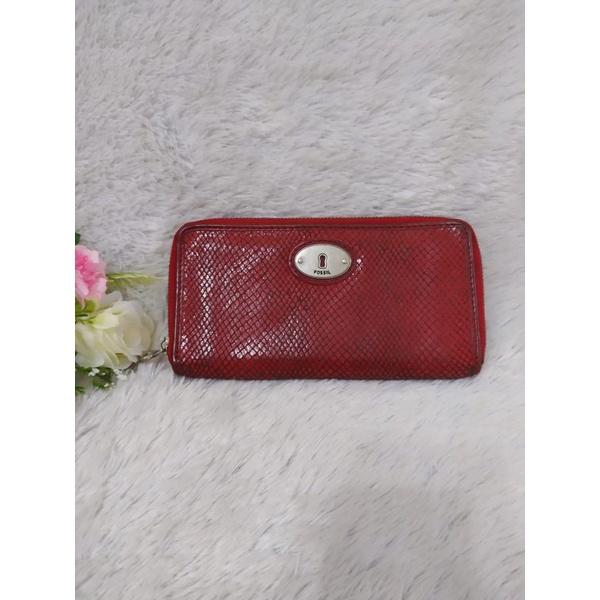 Dompet Fossil Vintage Marlow Snake Skin Embossed Red Leather Authentic| Dompet Maddox Snake Skin Red