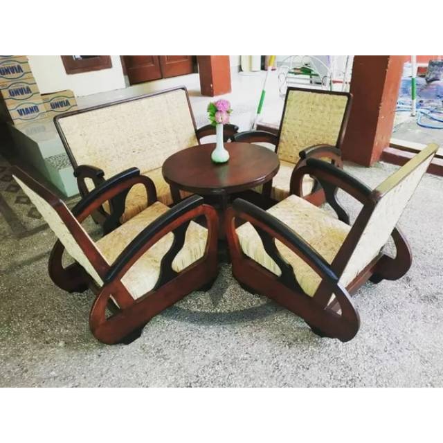 KURSI TAMU SEDAN KAYU JATI KOMBI ROTAN