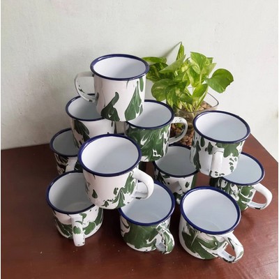 CANGKIR MUG GELAS ENAMEL SENG KALENG BLIRIK BLURIK LURIK LOREK BURIK LORENG BATIK HIJAU 7CM 1 LUSIN