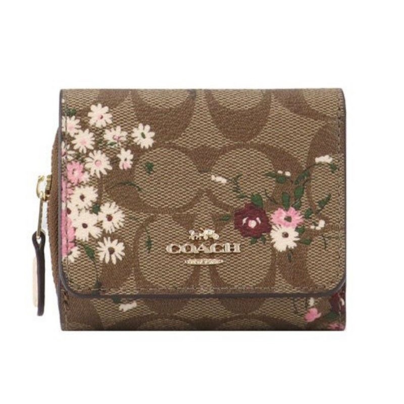 Coach Wallet Small Trifold Flower Patterns Khaki Multi (C6864)