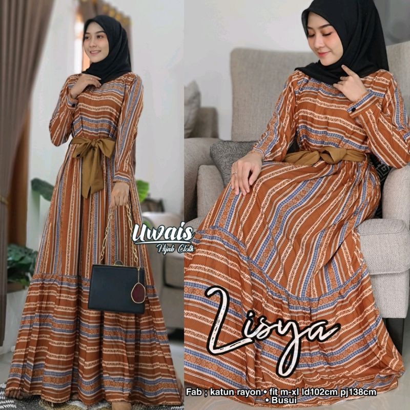 Gamis Muslim Rayon Salur Zisya Dress Original Uwais Hijab Solo