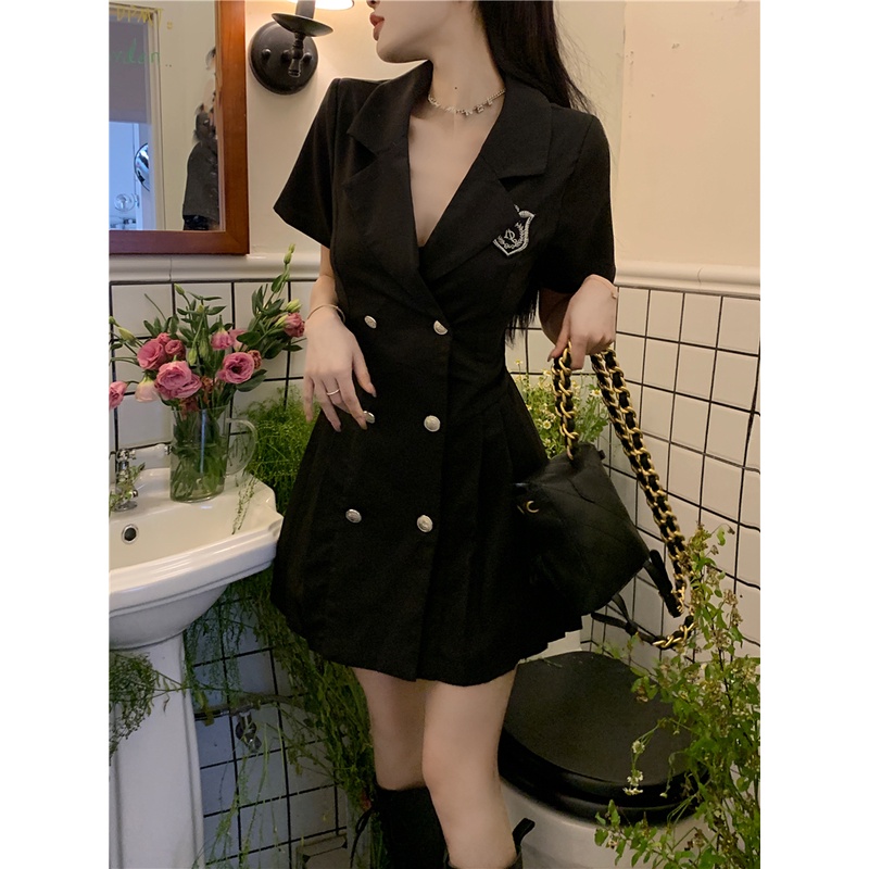 Mini Dress hitam lengan pendek jas gaun wanita musim panas a-line busur pinggang desain ceruk pelang