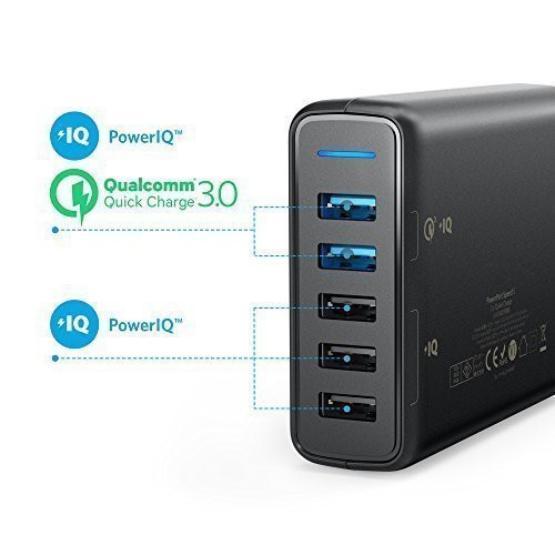 Original ANKER A2054611 PowerPort 5 Speed Desktop Charger 60W with Quick Charge 3.0 5 USB Port Black