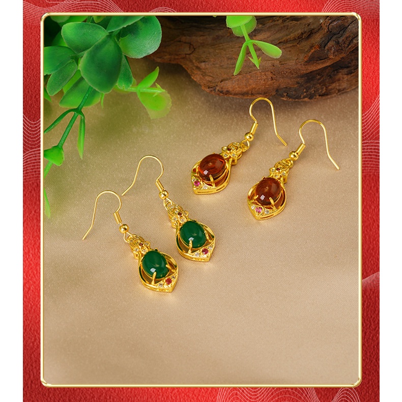 Goldkingdom Perhiasan Fashion 24K Bangkok Aksesoris Ready Stock Lapis Emas Asli Kadar 375 Panjang Rumbai Micro Set Emerald Ruby Elegan Drop Earrings Untuk Wanita