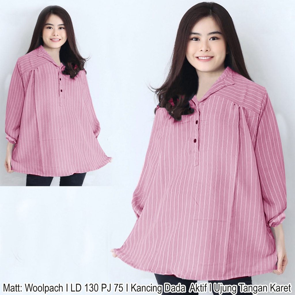 ISF [COD] + [GRATIS ONGKIR]  Blouse Jumbo Revo Atasan Lengan Panjang BIG SIZE XXXL LD 130 CM P 75 CM-Pink Putih