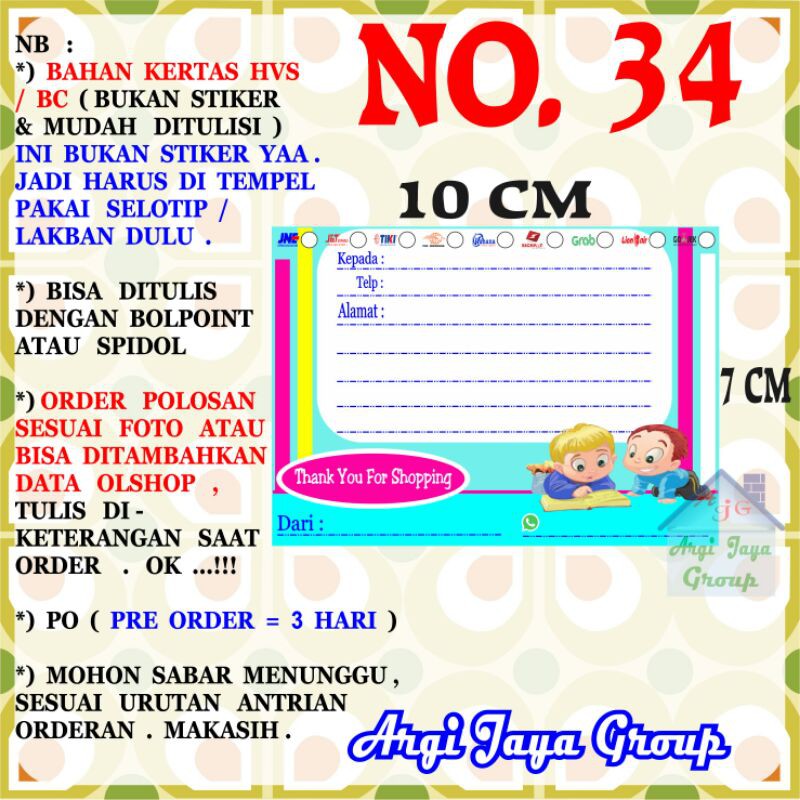 

Label Pengiriman Alamat Olshop Murah Nomer 34 - 10x7cm - Kertas BC (Manila)