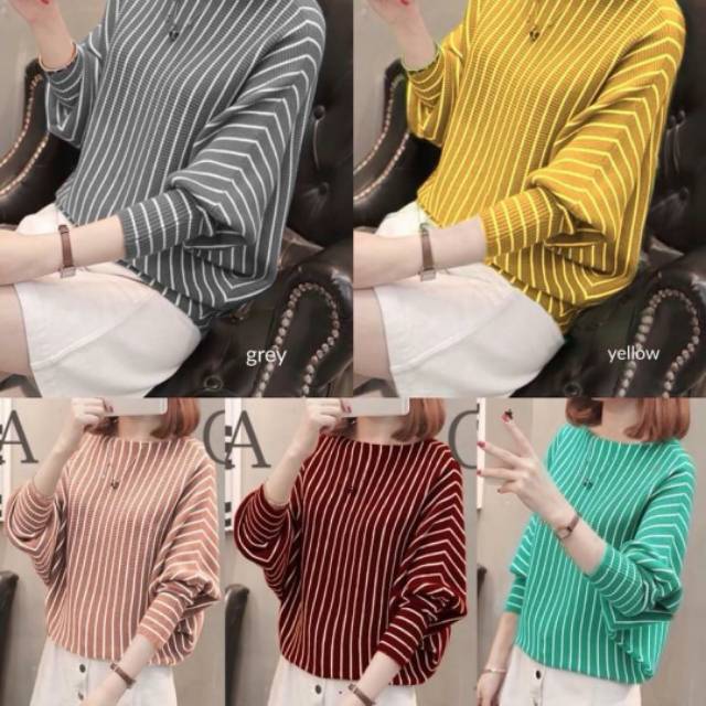 Blouse Bahan Rajut Knit Motif Garis Batwing BL2477